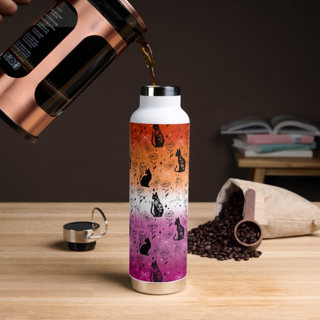Lesbian Pride Black Cat - Mystical Witchy Water Bottle (Coffee)