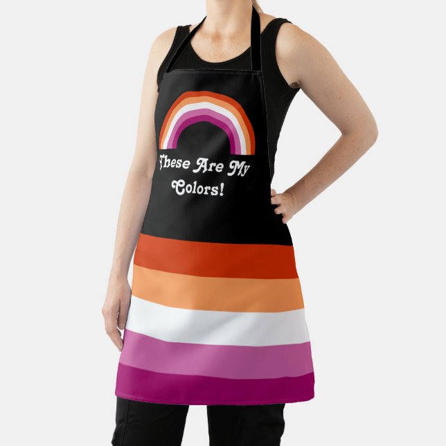 Lesbian pride flag and rainbow with a custom text apron (Insitu)