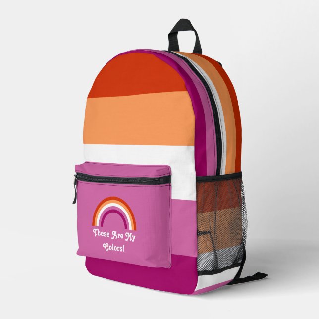 Lesbian pride flag and rainbow with a custom text printed backpack (Back Corner Right)
