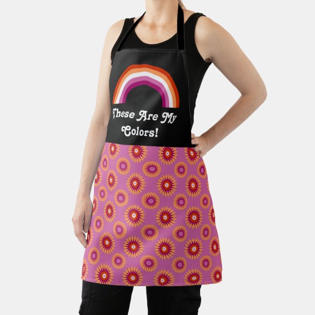 Lesbian pride flag and rainbow with text / pink apron (Insitu)