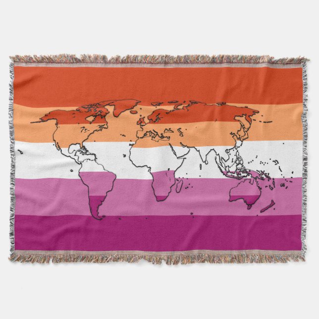 Lesbian pride flag with the world map throw blanket (Front)