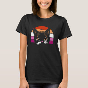Lesbian Pride Peeking Cat Retro Sunset Aesthetic T-Shirt