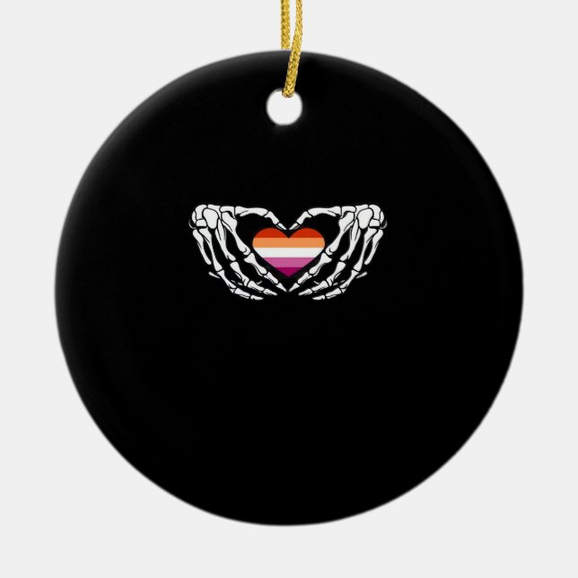 Lesbian Pride Skeleton Halloween Wlw Goth Heart Cl Ceramic Ornament (Front)