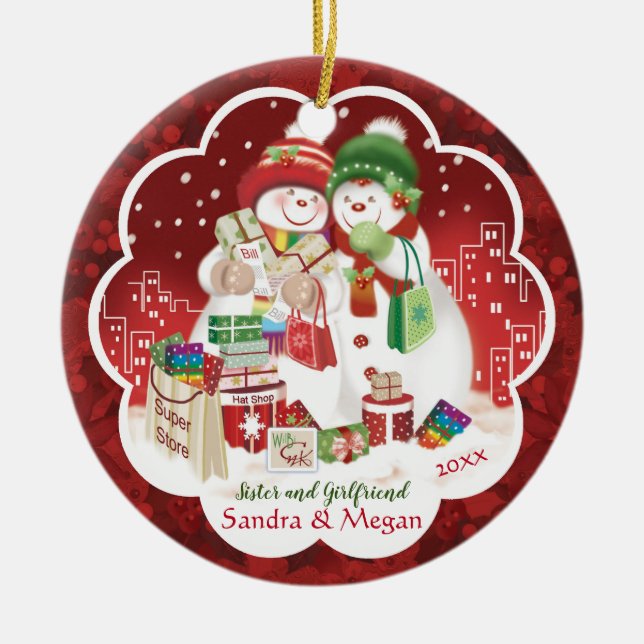 Lesbian, Sister and Girlfriend, Cute Snow women, Ceramic Ornament (Front)