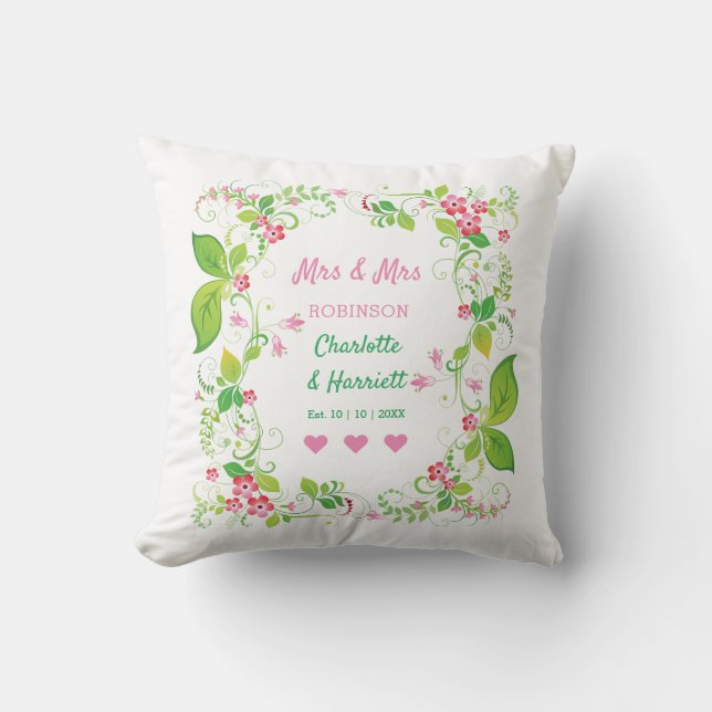 Lesbian Vintage Floral Personalized Wedding Throw Pillow (Front)