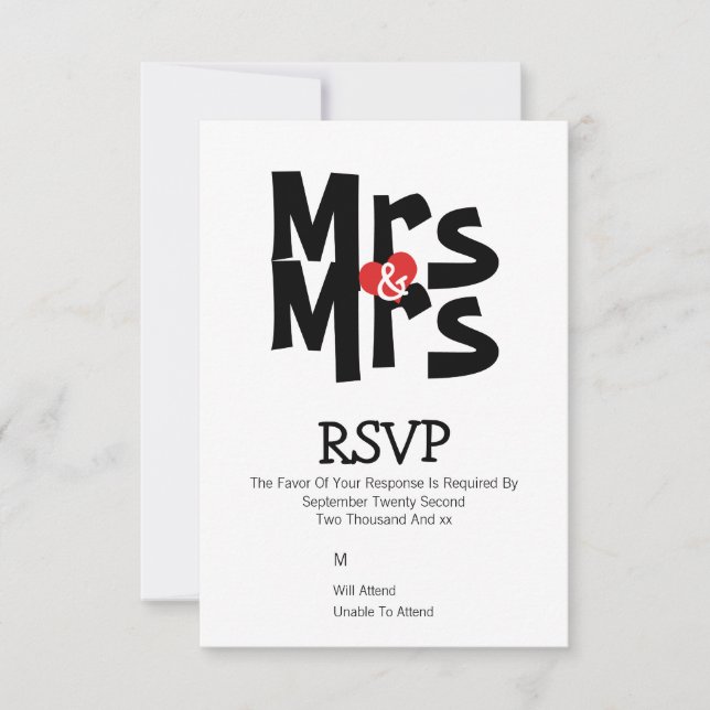 Lesbian Wedding RSVP Bold Mrs and Mrs Personalized (Front)