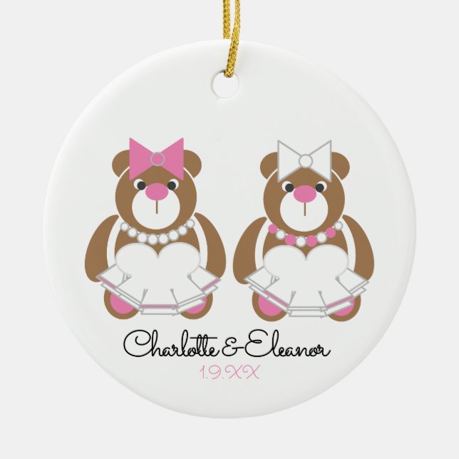 Lesbian Wedding Teddy Bear Brides Ceramic Ornament (Front)