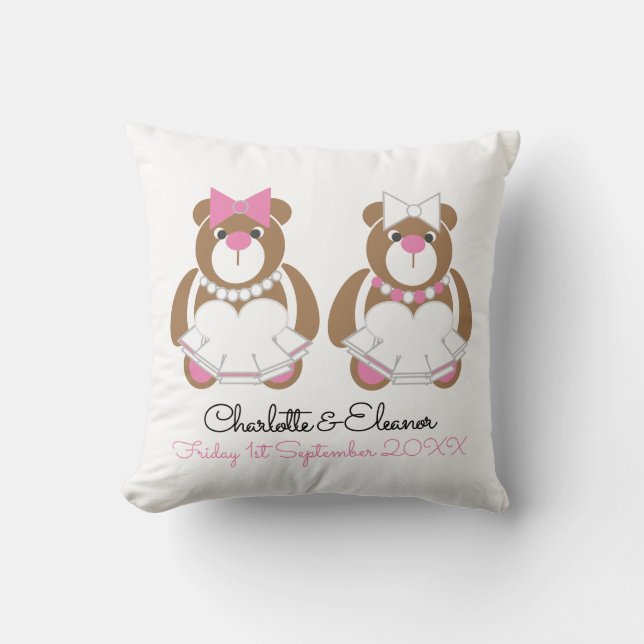 Lesbian Wedding Teddy Bear Brides gift  Throw Pillow (Front)