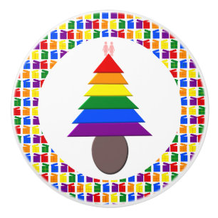 Lesbians Rainbow Christmas Tree and Presents Ceramic Knob