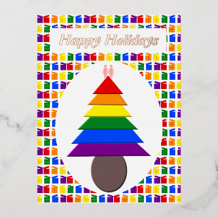 Lesbians Rainbow Christmas Tree and Presents Foil Holiday Postcard