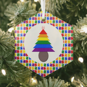 Lesbians Rainbow Christmas Tree and Presents Glass Ornament