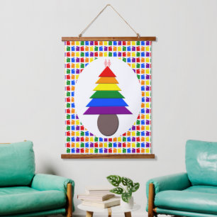 Lesbians Rainbow Christmas Tree and Presents Hanging Tapestry