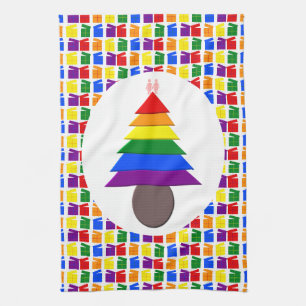 Lesbians Rainbow Christmas Tree and Presents Kitchen Towel