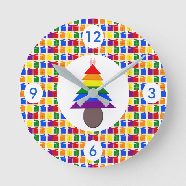 Lesbians Rainbow Christmas Tree and Presents Round Clock (Front)