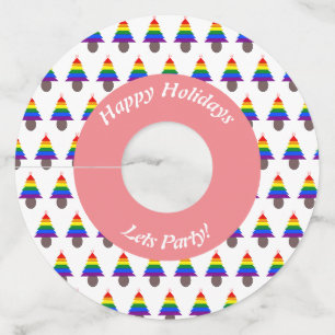 Lesbians Rainbow Christmas Tree and Presents Wine Glass Tag