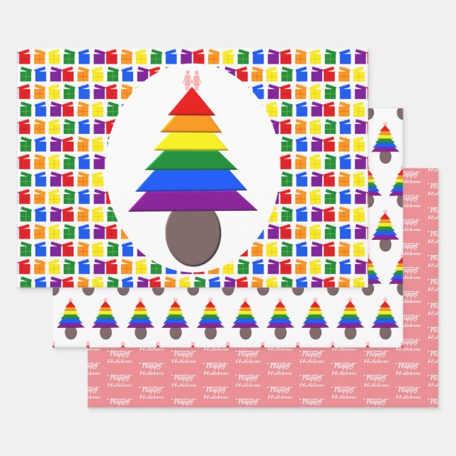 Lesbians Rainbow Christmas Tree and Presents Wrapping Paper Sheet (Set)