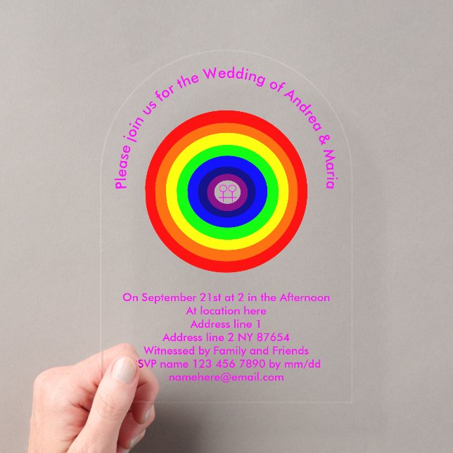 Lesbians Round Rainbow Custom Wedding Acrylic Invitations (Insitu (Handheld))