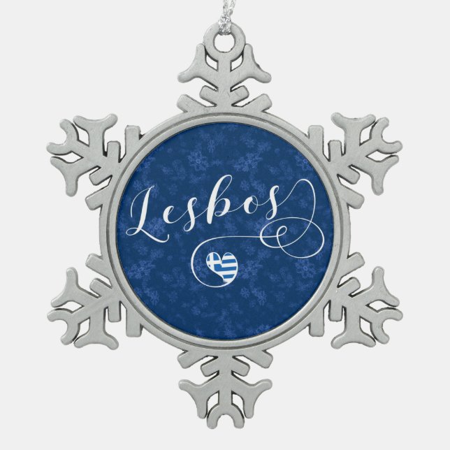 Lesbos, Greek Heart In Flag, Greece Snowflake Pewter Christmas Ornament (Front)