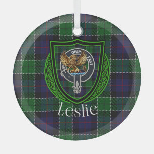 Leslie Scottish Clan Tartan & Crest Glass Ornament