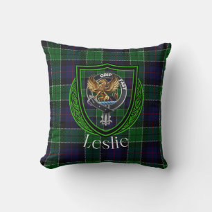 Leslie Scottish Clan Tartan & Crest Throw Pillow