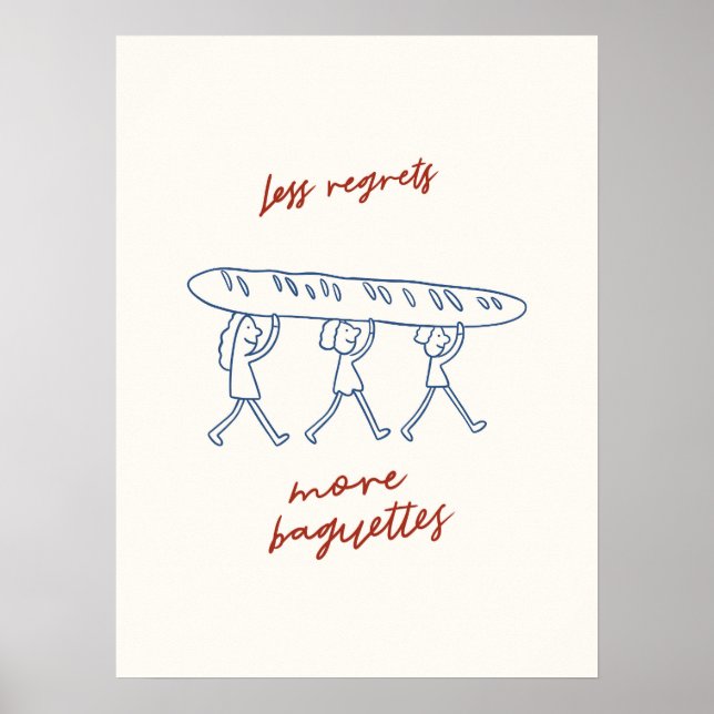 Less Regrets More Baguettes Funny Kitchen Art Poster (Front)