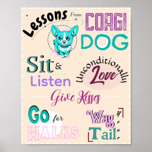 "Lessons from a Corgi Dog" Kawaii Blue Cartoon Pup Poster