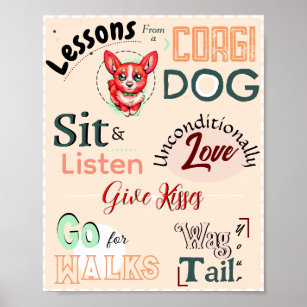 "Lessons from a Corgi Dog" Kawaii Red Cartoon Pup Poster