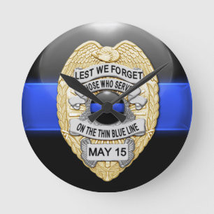 Lest We Forget - Thin Blue Line Badge Round Clock