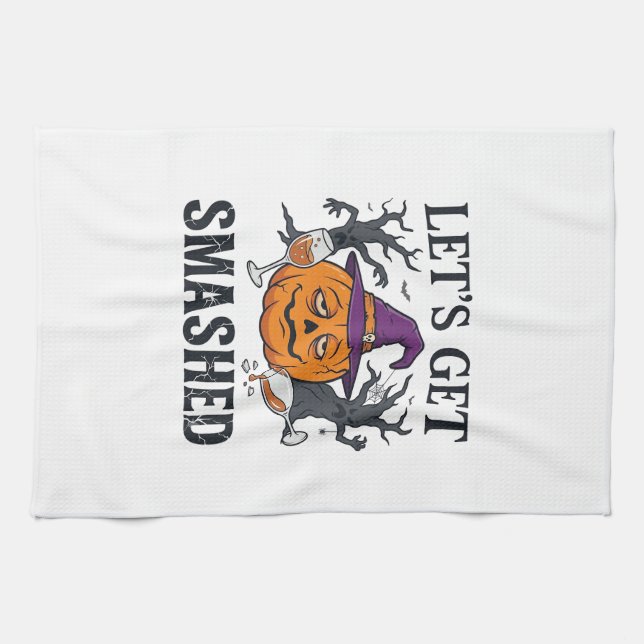 Let Get Smashed Halloween Pumpkin Witch Hat Wine G Kitchen Towel (Horizontal)