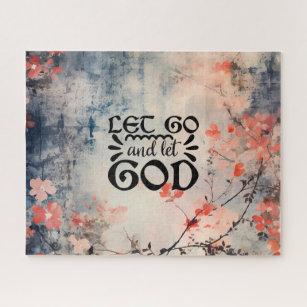 Let Go and Let God Coral Blue Floral Art Christian Jigsaw Puzzle