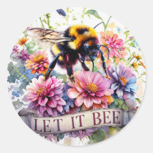 Let It Bee – Watercolor Bumblebee Spring Floral  Classic Round Sticker