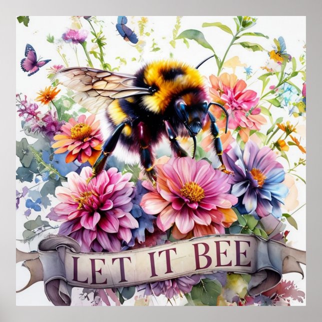 Let It Bee – Watercolor Bumblebee Spring Floral  Poster (Front)