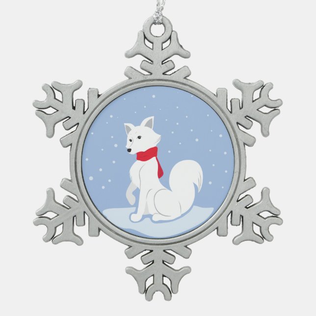 Let It Snow! (Arctic Fox) Snowflake Pewter Christmas Ornament (Front)