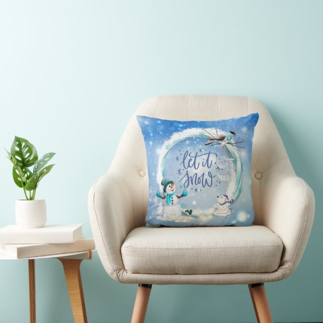 Let It Snow Blue Merry Christmas Snowman Blue Bird Throw Pillow (Chair)