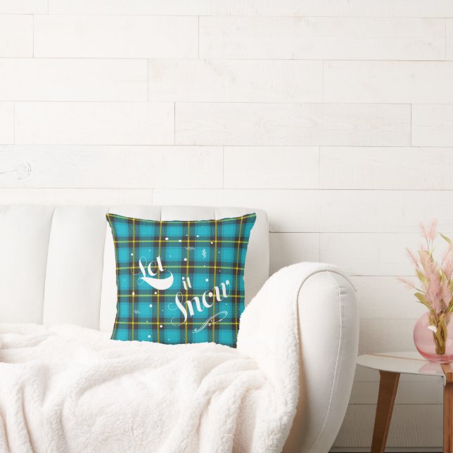 Let it Snow Blue Plaid Holiday Modern Throw Pillow (Couch)