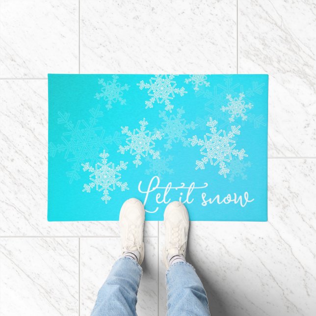  Let it Snow Blue White Snowflakes Minimalist  Doormat (Indoor)
