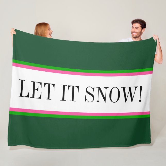 LET IT SNOW Bright White Alpine Green Stripes Fleece Blanket (In Situ)