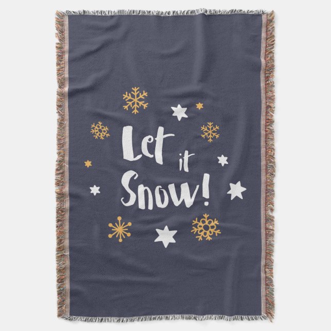 "Let it Snow!"  Calligraphy Christmas Blue Throw Blanket (Front Vertical)