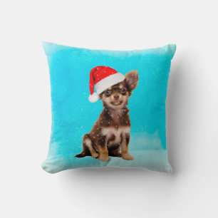 Let it Snow Christmas Chihuahua Dog Wearing Hat Throw Pillow