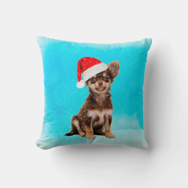 Let it Snow Christmas Chihuahua Dog Wearing Hat Throw Pillow (Front)