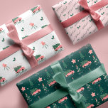 Let It Snow Christmas Tree Vintage Pink Retro Van Wrapping Paper Sheet<br><div class="desc">Celebrate the magical and festive holiday season with our custom holiday wrapping paper sheets. Our vintage holiday design features three different complementing designs. This fun Christmas pattern also incorporates snow-covered trees, stars, snowflakes, and the words let it snow and stay cozy. All artwork contained in this girly vintage Christmas tree...</div>