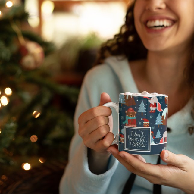 Let it Snow Cute Animal Pattern with Name Blue Coffee Mug (Creator Uploaded)