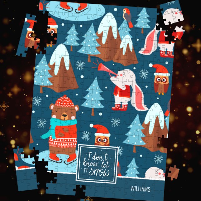 Let it Snow Cute Animal Pattern with Name Blue Jigsaw Puzzle (Creator Uploaded)