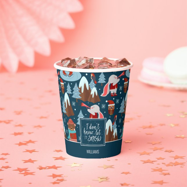 Let it Snow Cute Animal with Name Blue Christmas Paper Cups (Insitu)