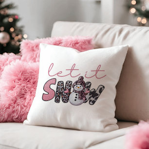 Let It Snow   Cute Pink Snowman Christmas Throw Pillow
