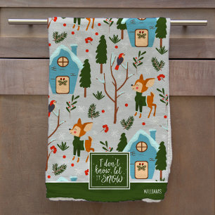 Let it Snow Cute Reindeer Pattern with Name Green Kitchen Towel
