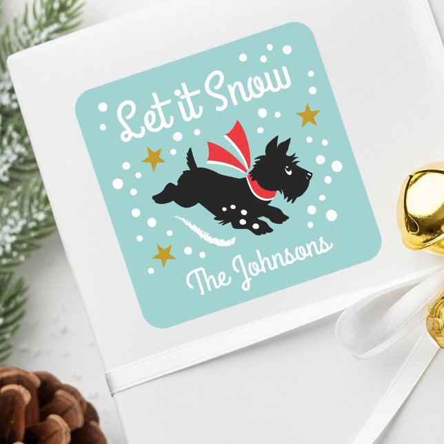 Let it Snow Cute Scottie Dog Christmas Name Green Square Sticker (Creator Uploaded)
