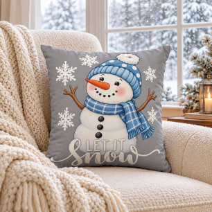 Let It Snow Cute Snowman Grey Winter Throw Pillow