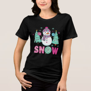 Let It Snow Cute Snowman with Christmas Trees Tri-Blend Shirt