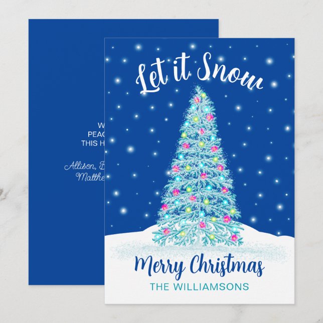 Let it Snow Decorated Blue Christmas Tree Holiday Card (Front/Back)